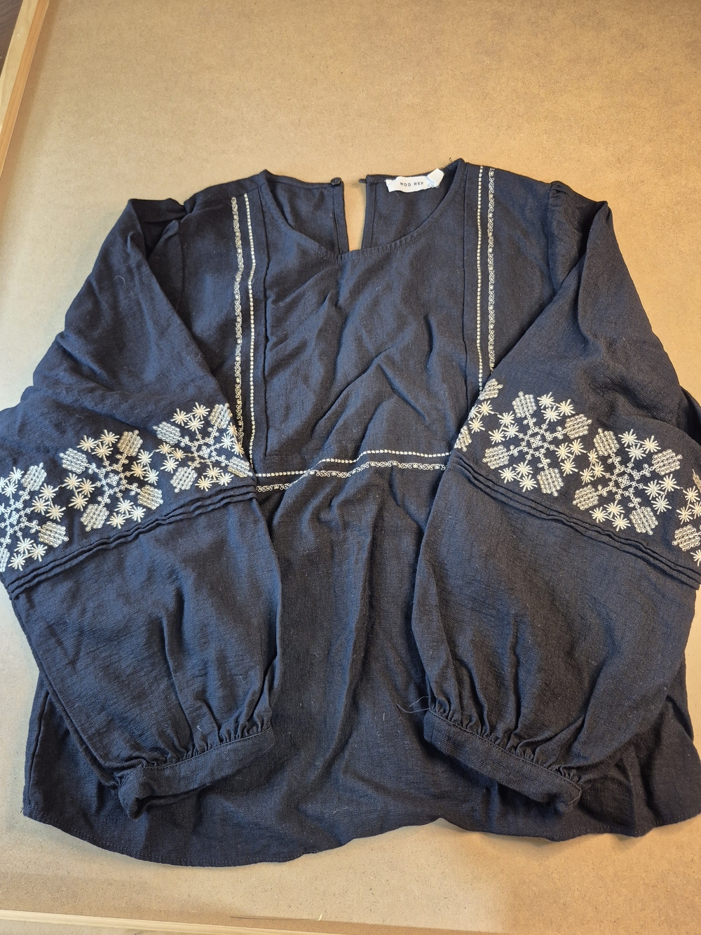 Mod Ref Black Embroidered Boho Blouse with White Detailing